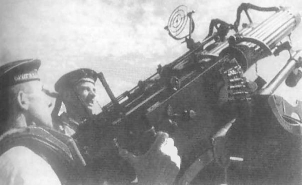 Soviet naval machine gun crew with quad Maxim machine gun mount, circa 1940s