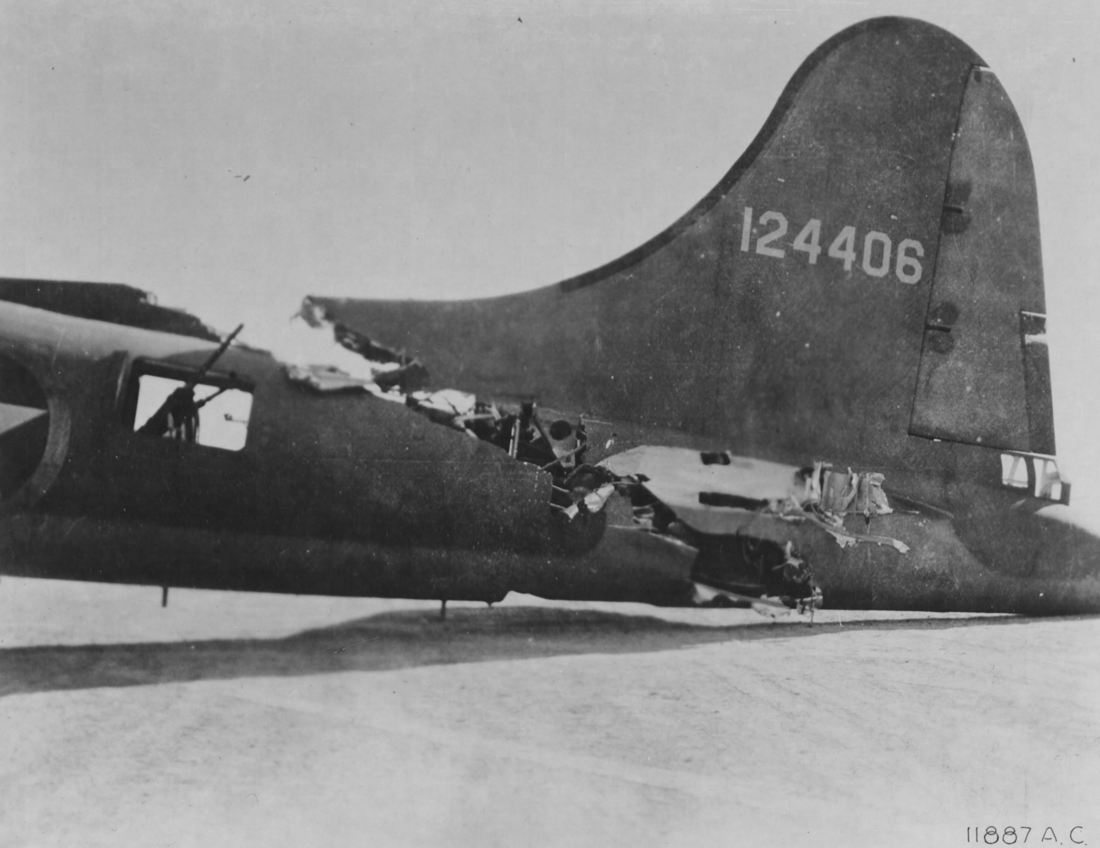 US B-17F Fortress “All-American” of 414th BS, 97th BG on the ground at its base in Biskra, Algeria showing severe damage from a mid-air collision with a German fighter over Tunis, Tunisia, 1 Feb 1943. Photo 4 of 8