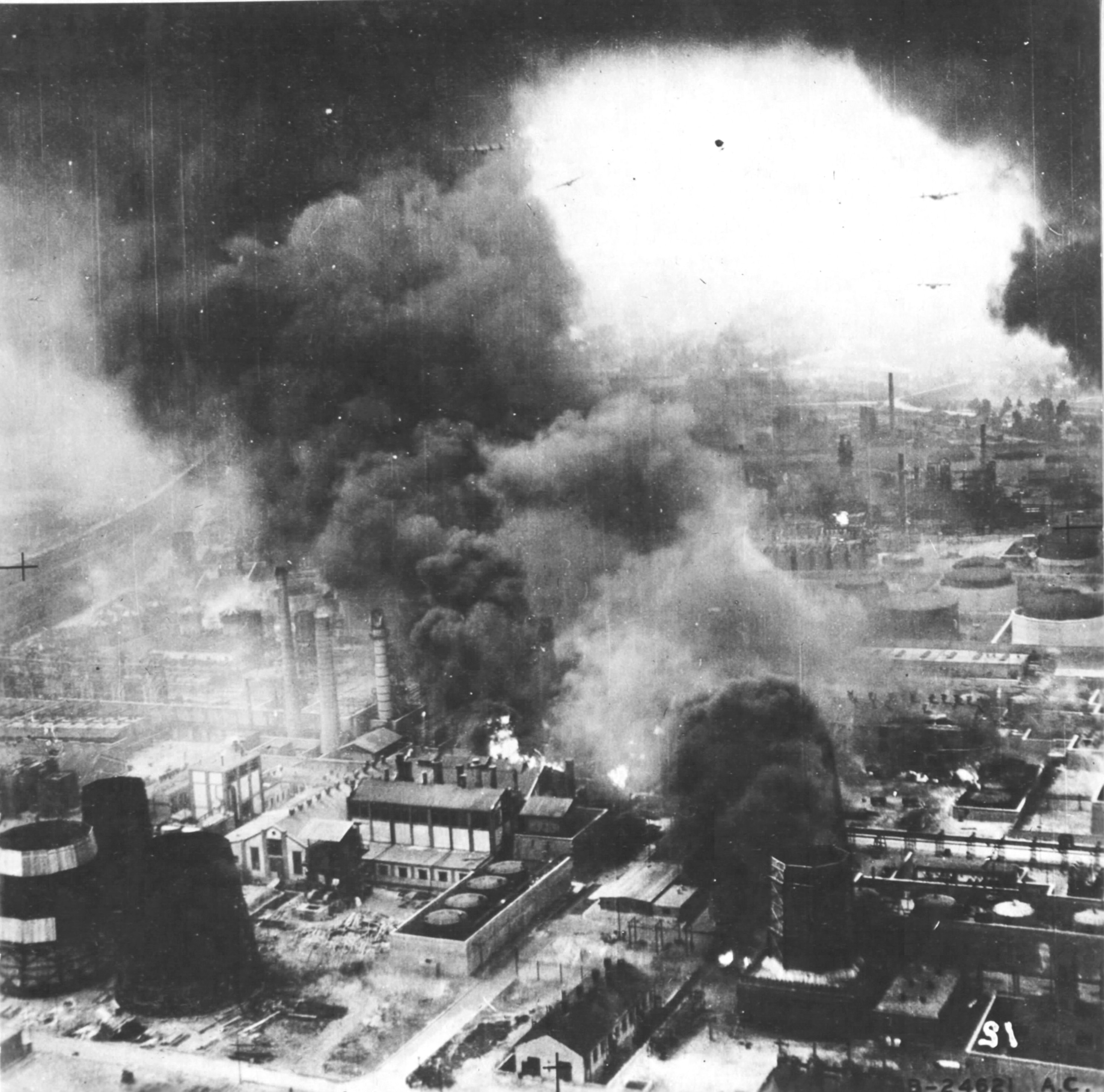Smoke rises from the Astra Romana refinery in Ploesti Romania following low level bombing attack by B-24 Liberators, Aug 1 1943.