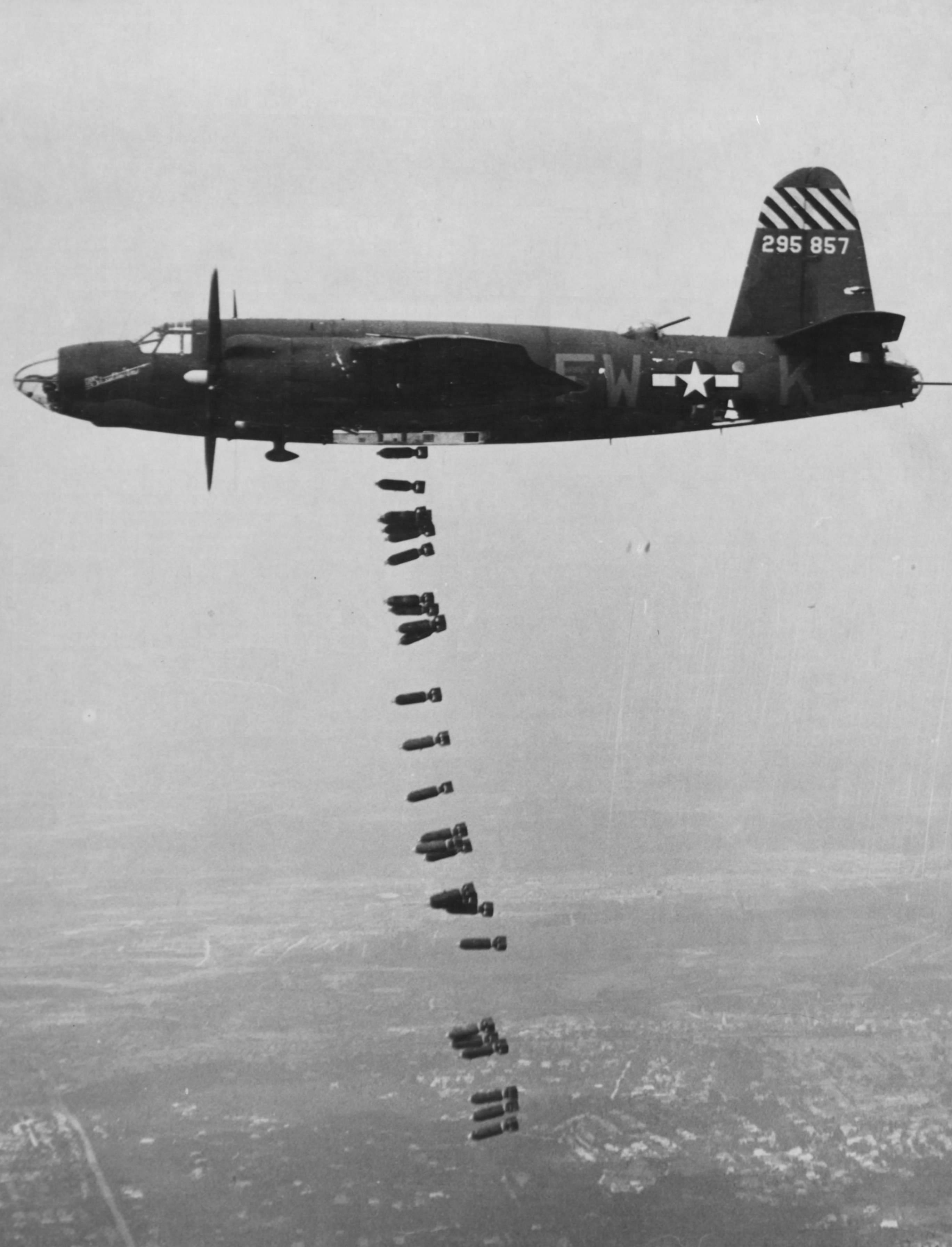 B-26B Marauder “Shootin’ In” of the 556th Bomb Squadron releasing its bomb load, 1944-45