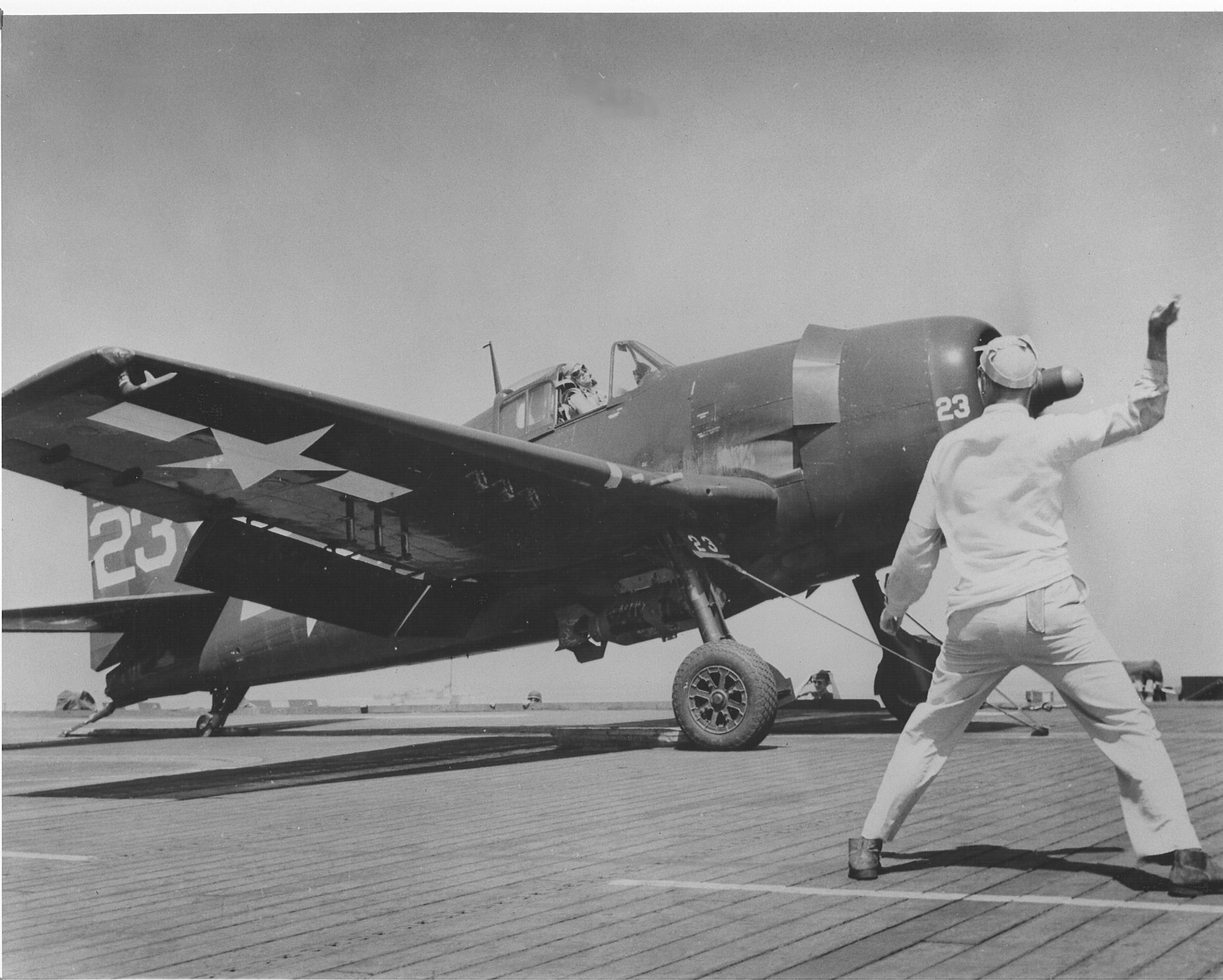 F6F-5 Hellcat set for a catapult launch from Escort Carrier USS Kasaan Bay in support of Operation Anvil/Dragoon, the invasion of southern France, Aug 1944