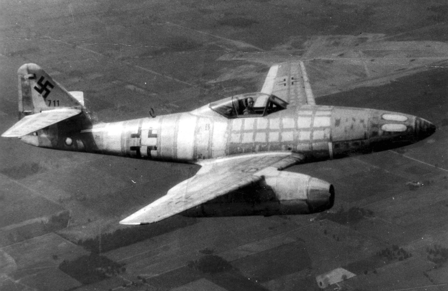 US test pilot assesses the German ME 262 jet fighter over Ohio, late 1945. This aircraft fell into Allied hands when the German pilot defected and landed the plane at a US held airfield in Germany.