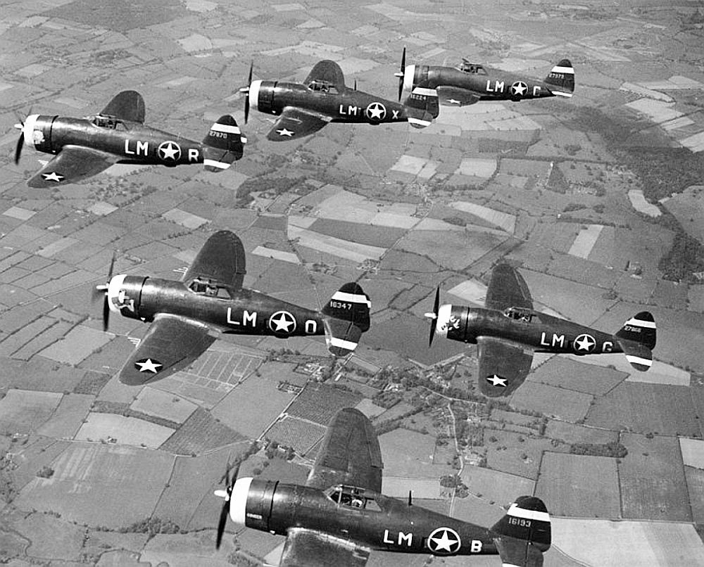 Element of the 62nd Fighter Squadron fly their P-47 Thunderbolts over the English countryside, Apr-Jun 1943; these fighters were based at RAF Horsham St Faith, Norfolk, England, UK.