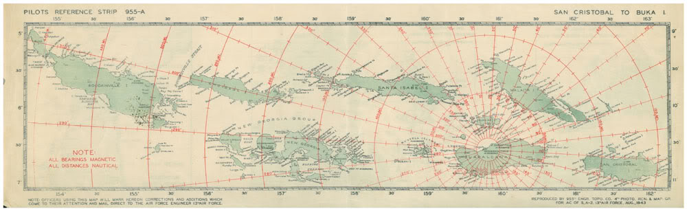 US Pilot’s Strip Chart of “The Slot” in the Solomon chain with ranges indicated from Henderson Field, Guadalcanal. US aircraft flying from Henderson Field were colloquially known as the “Cactus Air Force” after their radio call sign.