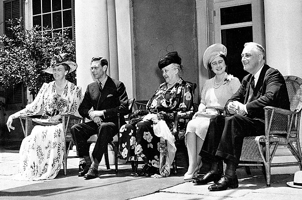 First Lady Eleanor Roosevelt, King George VI, Mrs. Sara Roosevelt, Queen Elizabeth, and President Franklin Roosevelt during the King’s visit to the Roosevelt home in Hyde Park, New York, United States, Jun 10, 1939.