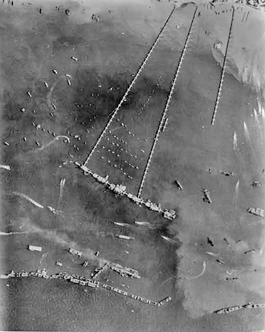 Aerial view of 'Mulberry B', off Normandy, France, Fall 1944.  Photo 2 of 2.