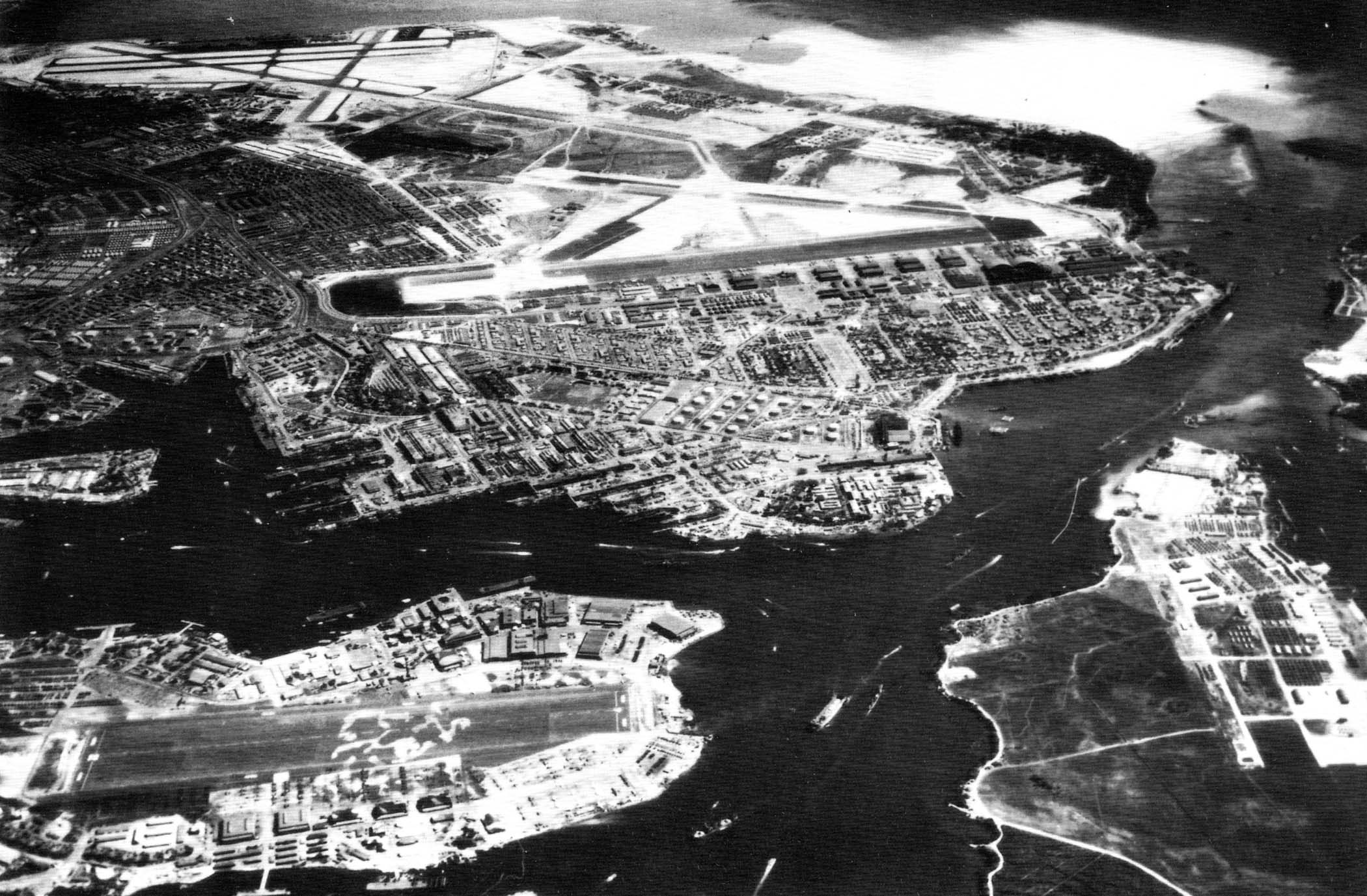 Ford Island, Pearl Harbor shipyard, Hickam Field, and Honolulu Naval Air Station, Oahu, Hawaii, Feb 1945 (NAS Honolulu would later revert back to John Rodgers Airport and then become Honolulu Int’l Airport).
