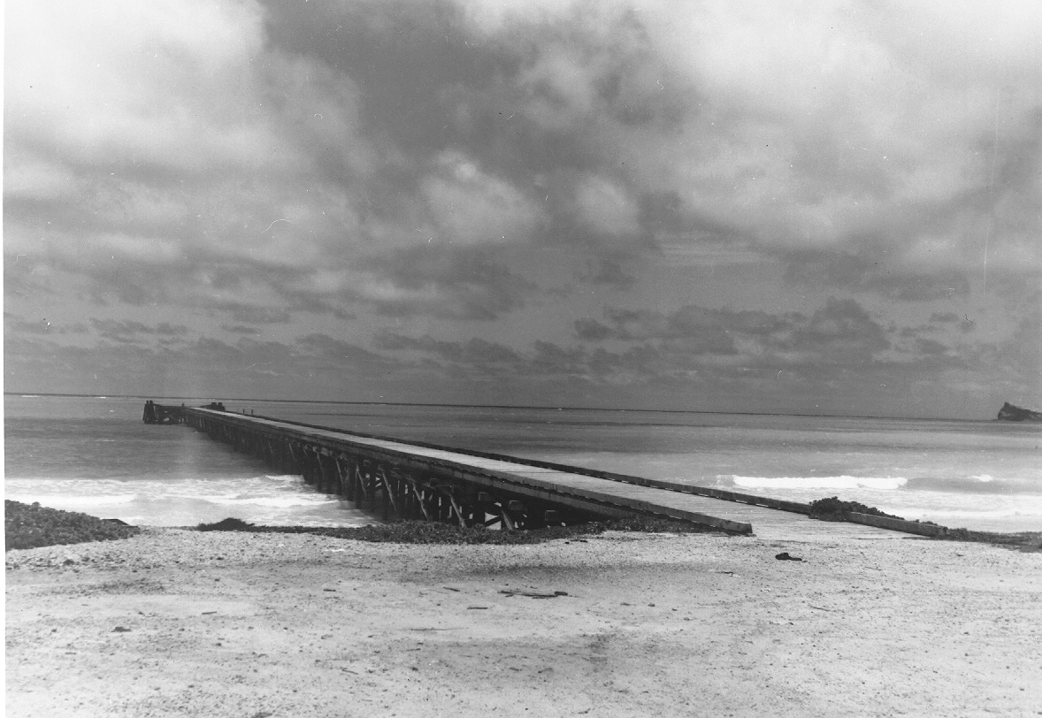 The Boat Dock and pier extending into Waimanalo Bay at Bellows Air Force Base, Oahu, Hawaii, Jul 29, 1949.  The entire structure was removed in the late 1950s.