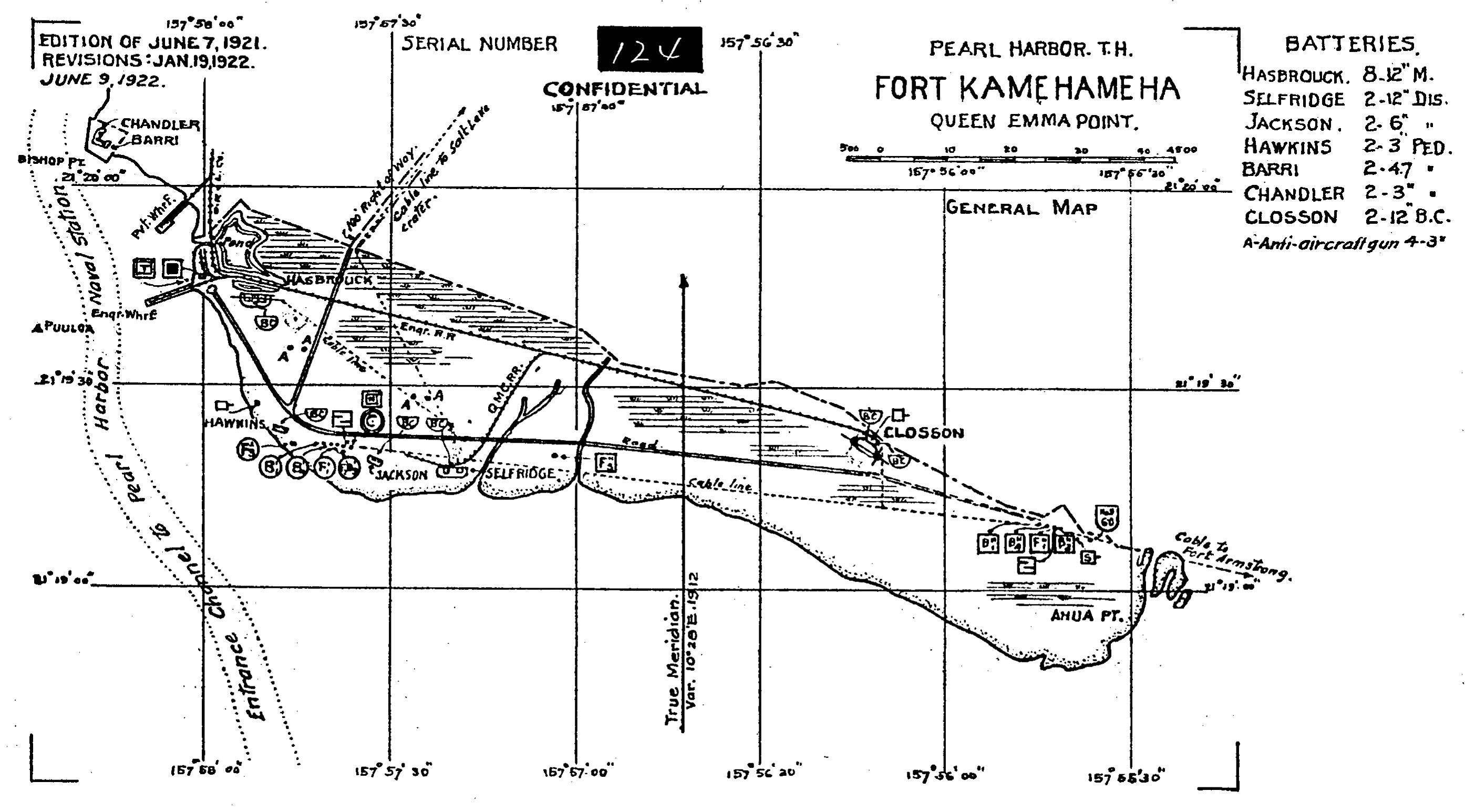 Diagram of the coastal batteries of Fort Kamehameha along the eastern shore of the Pearl Harbor channel opening, Oahu, Hawaii, 1922.