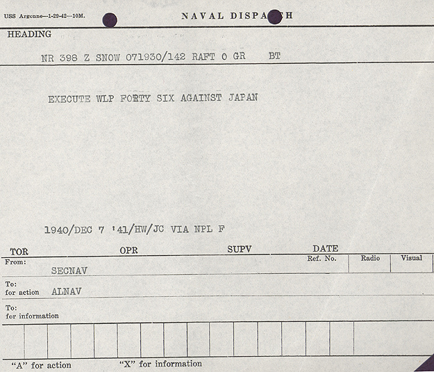 [Photo] USS Argonne’s copy of the dispatch from SECNAV (Secretary of