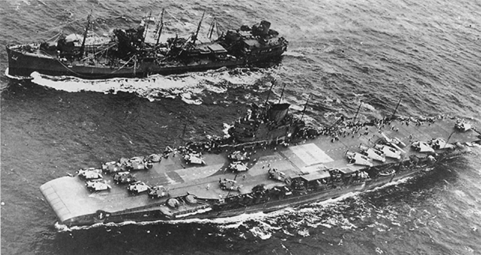 HMS Victorious refueling from a US Navy Fleet Oiler about Aug 1943. This was during the period Victorious was on loan to the US Fleet. Note US F4F Wildcats and TBM Avengers on the flight deck.