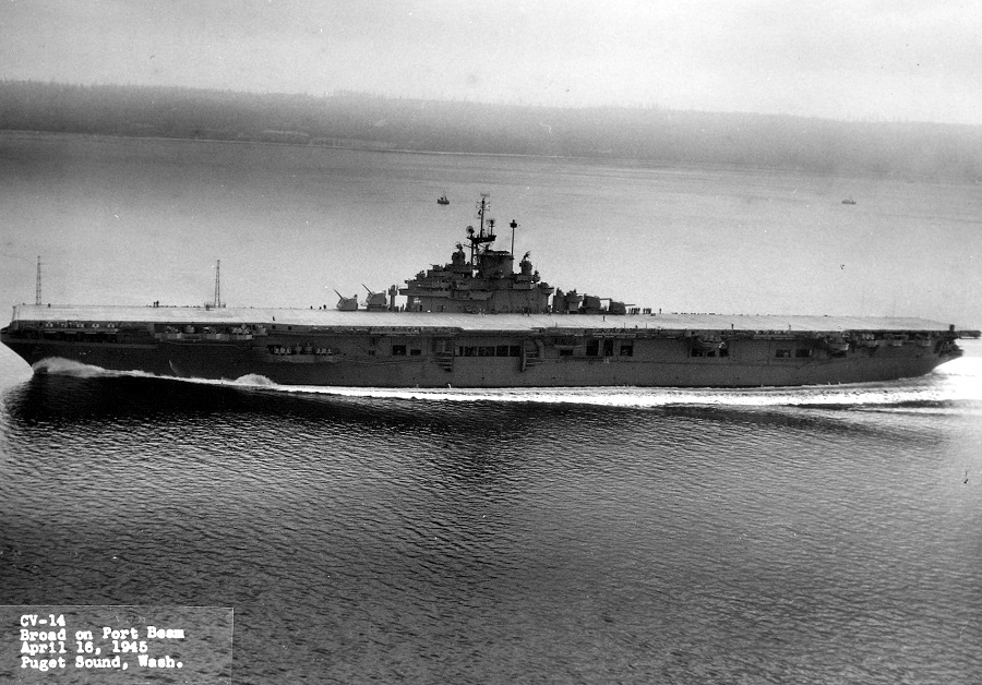 USS Ticonderoga steams down Puget Sound, Washington, United States on her trials after substantial repairs from battle damage, Apr 16, 1945. Photo 4 of 4.