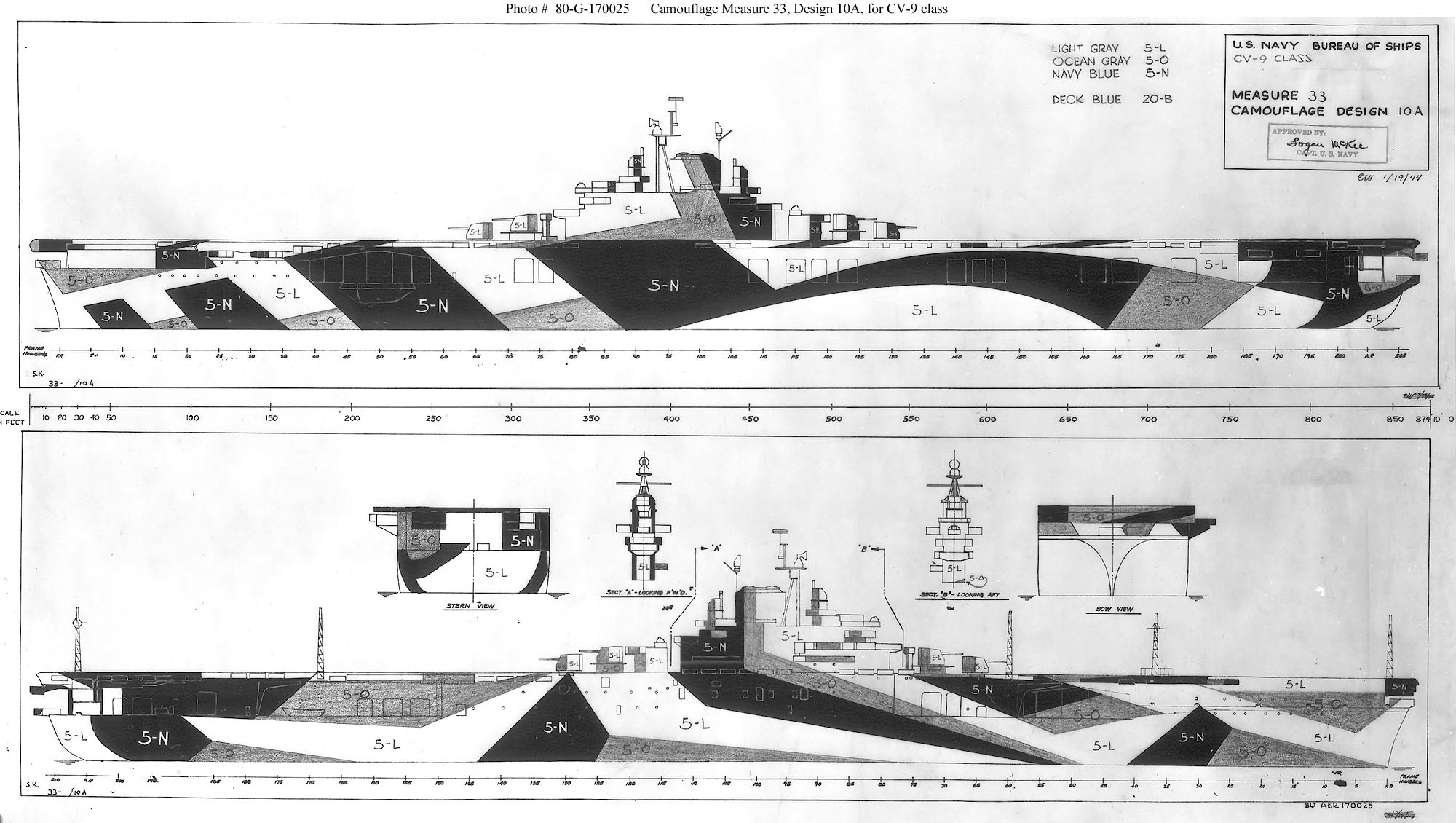 1944-45 plan for camouflage Measure 33, Design 10a on Essex-class fleet carriers. Of the 17 Essex-class carriers to see service during 1944-45, 4 were painted according to this plan.
