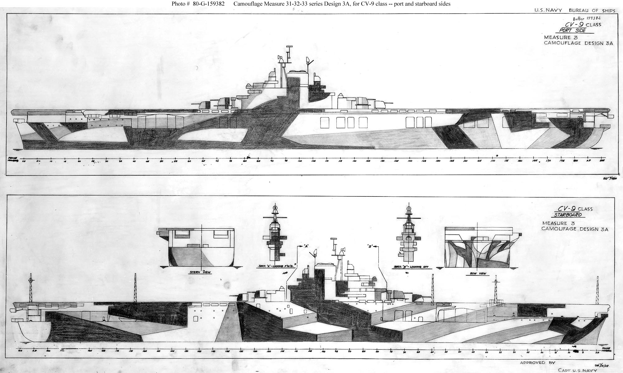 1944 plan for camouflage Measure 31-32-33, Design 3a on Essex-class fleet carriers. Of the 17 Essex-class carriers to see service during 1944-45, 3 were painted according to this plan plus 1 with this only on one side