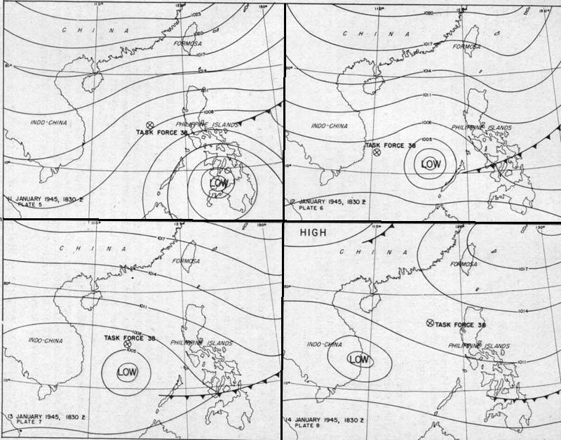Four-part weather map of the South China Sea for Jan 11 to 14, 1945. Note daily positions of Task Force 38.