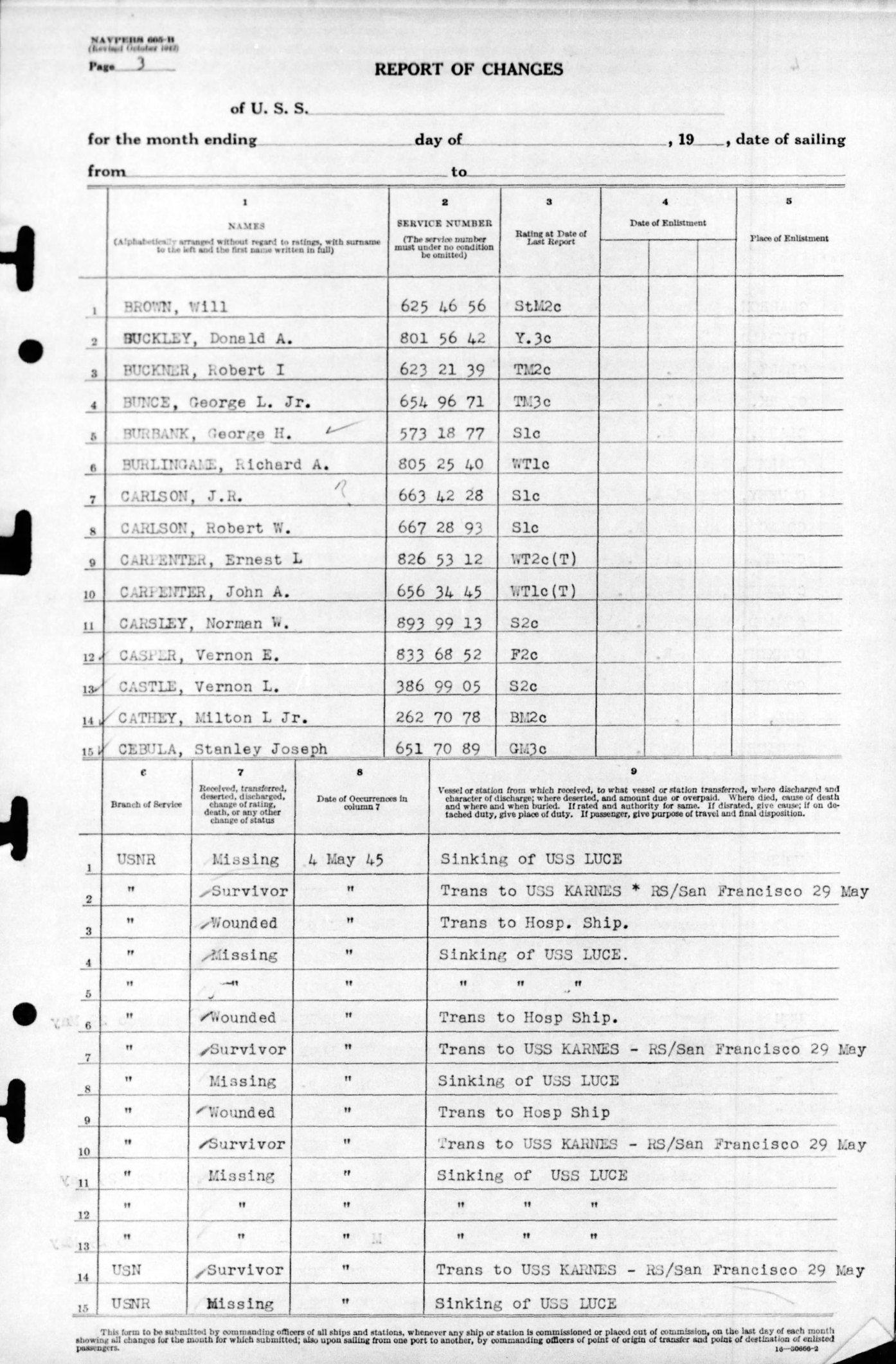 USS Luce final muster list dated June 19, 1945 after the ship was sunk May 4, 1945. Page 05 of 25.