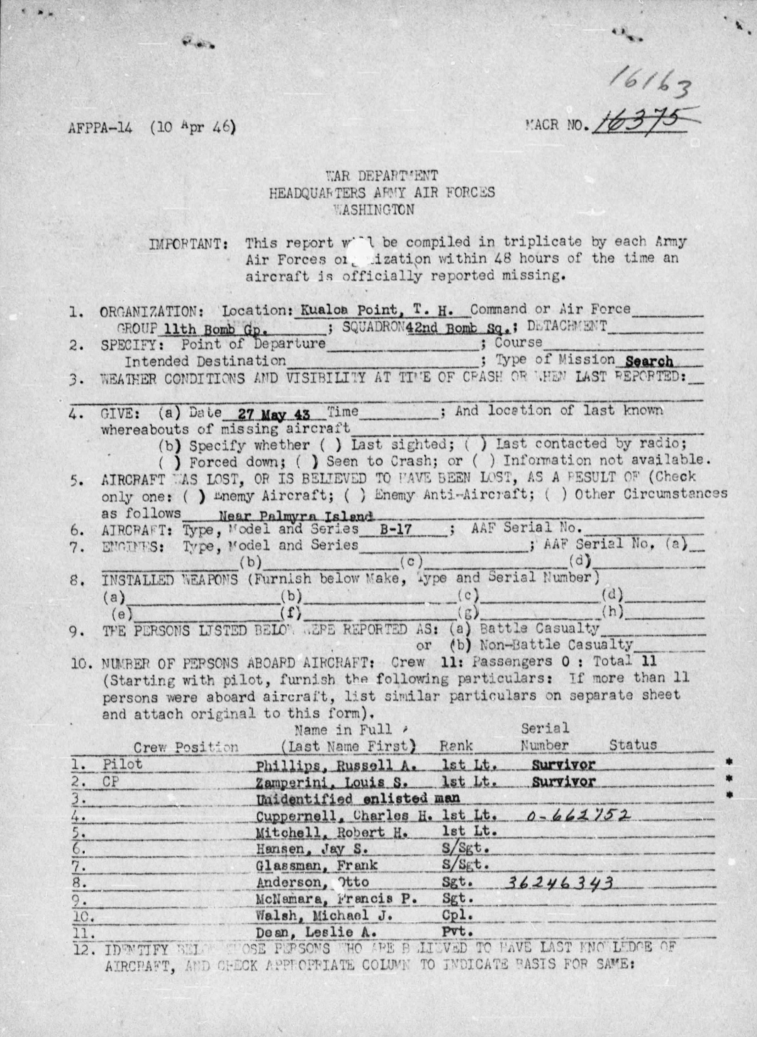 Missing Air Crew Report 16163, page 1 of 2. Report documents the loss of the Russell Phillips crew on May 27, 1943 near Palmyra Atoll. The crew included Louis Zamperini. See comment below.