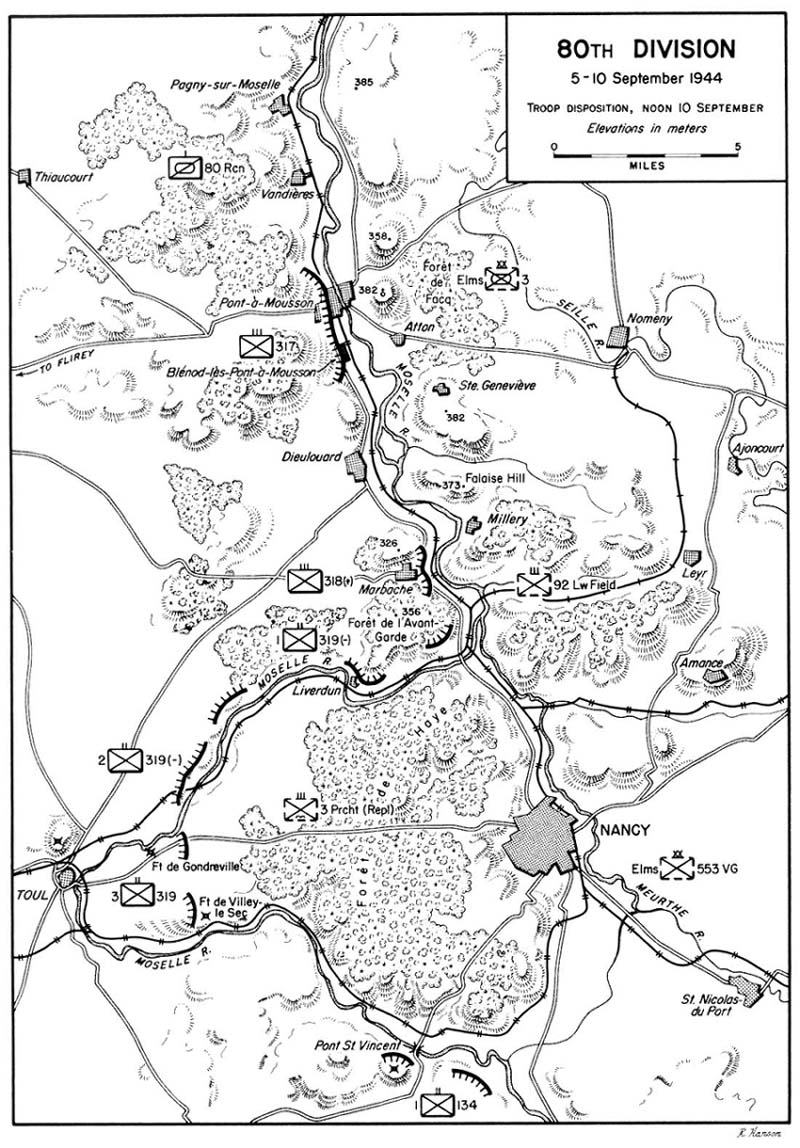 Map showing the plan of attack for US Army 80th Division on the city of Nancy, France, Sep 5-10, 1944.