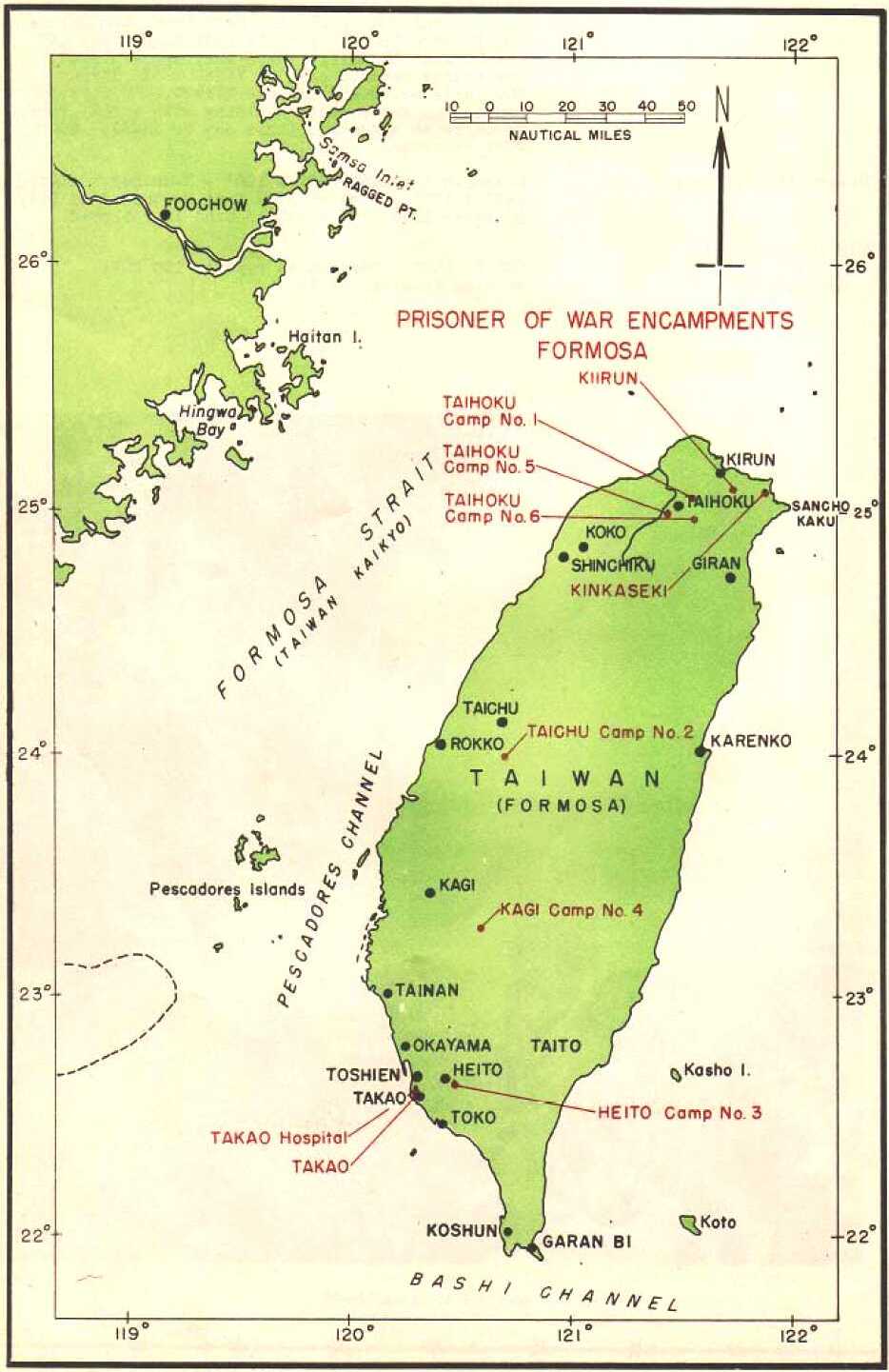 Map of Taiwan (Formosa) indicating the locations of Prisoner-of-War facilities, 1945