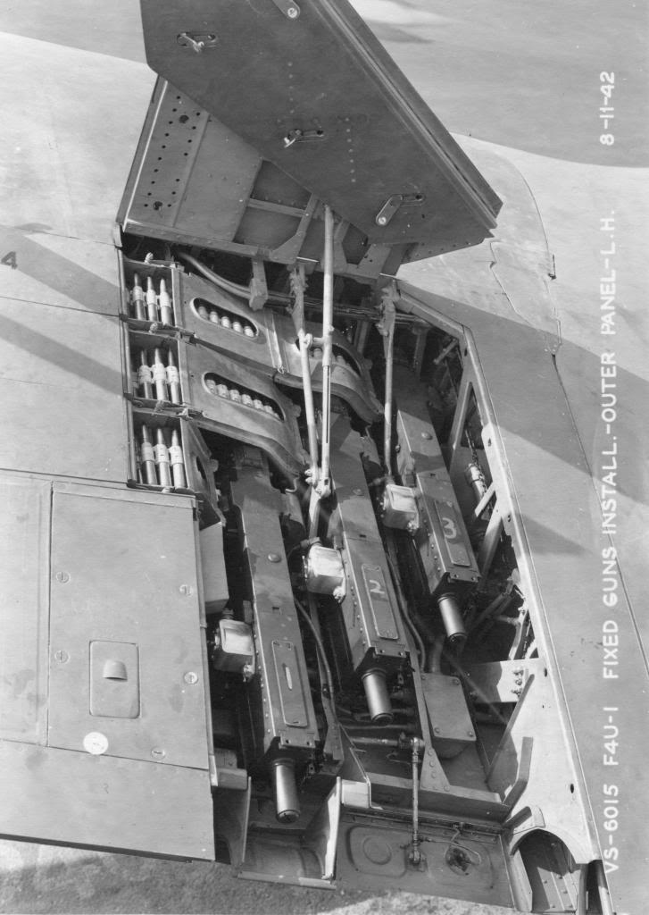Three Browning M2 .50 caliber machine guns in the left wing of an F4U-1 Corsair fighter, Aug 11, 1942