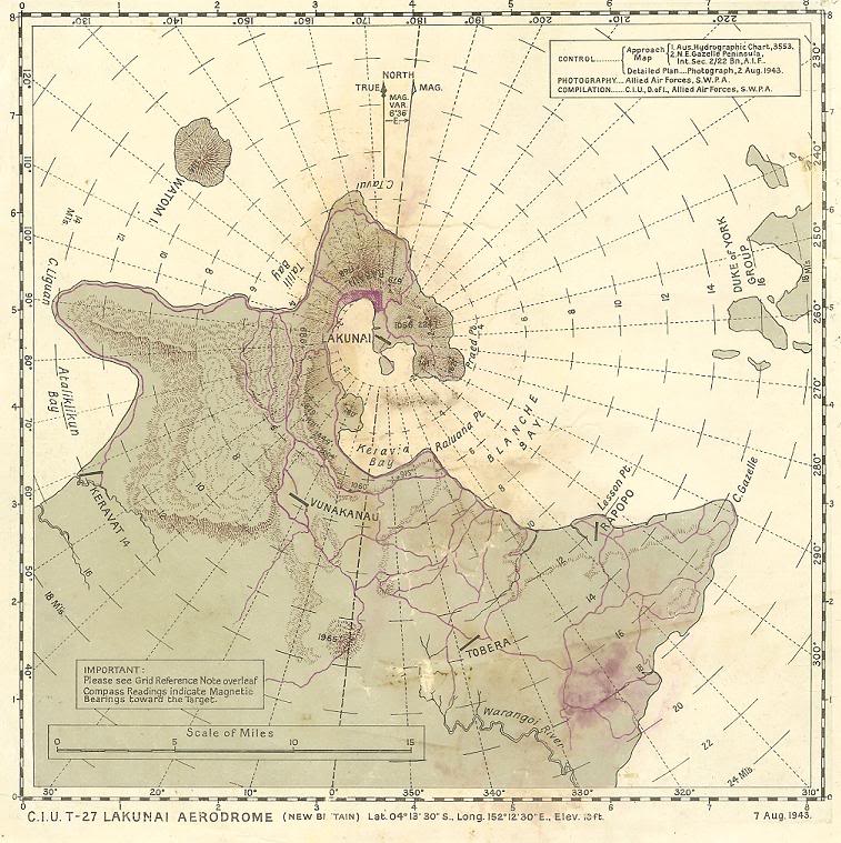 Aviation navigational Approach Map to designed guide strike aircraft to Lakunai Aerodrome at Rabaul, New Britain, Bismarck Islands. Map dated Aug 7, 1943. Note other airfields marked on the map.