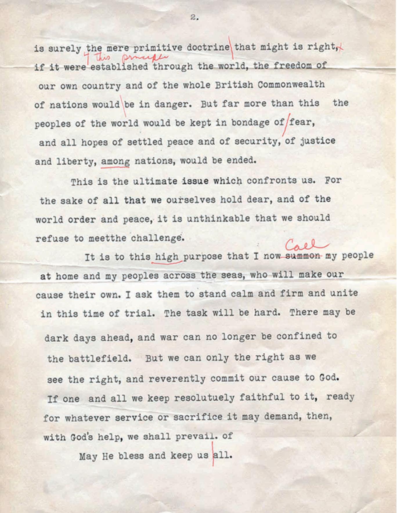Typed script of the radio address King George VI of the United Kingdom delivered announcing Britain’s entry into the war with Germany, Buckingham Palace, London, England, UK, Sept 3, 1939. Page 2 of 2.
