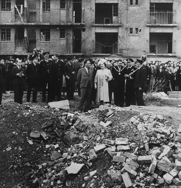 King George VI and Queen Elizabeth visit the site of the last V2 to fall on London on Mar 27, 1945 at Vallance Road, Stepney, in the East End, London and 134 people were killed, mostly Jewish refugees, Oct 4, 1945