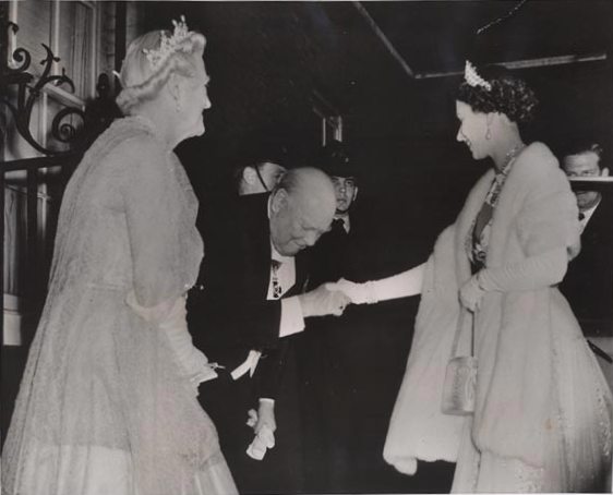 Prime Minister Winston Churchill and Clementine Churchill greeting Queen Elizabeth II as she arrives for dinner at 10 Downing Street, London, England, United Kingdom, April 4, 1955. Churchill resigned the following day