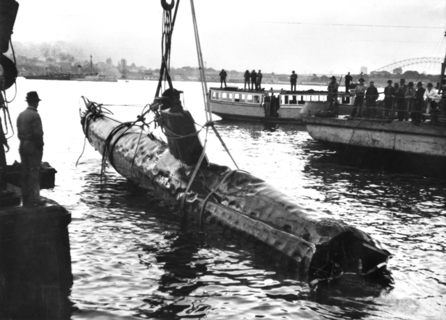 A Japanese Ko-hyoteki class midget submarine raised from of Sydney Harbor the day after the submarine attack in Sydney Harbor, New South Wales, Australia, Jun 1 1942