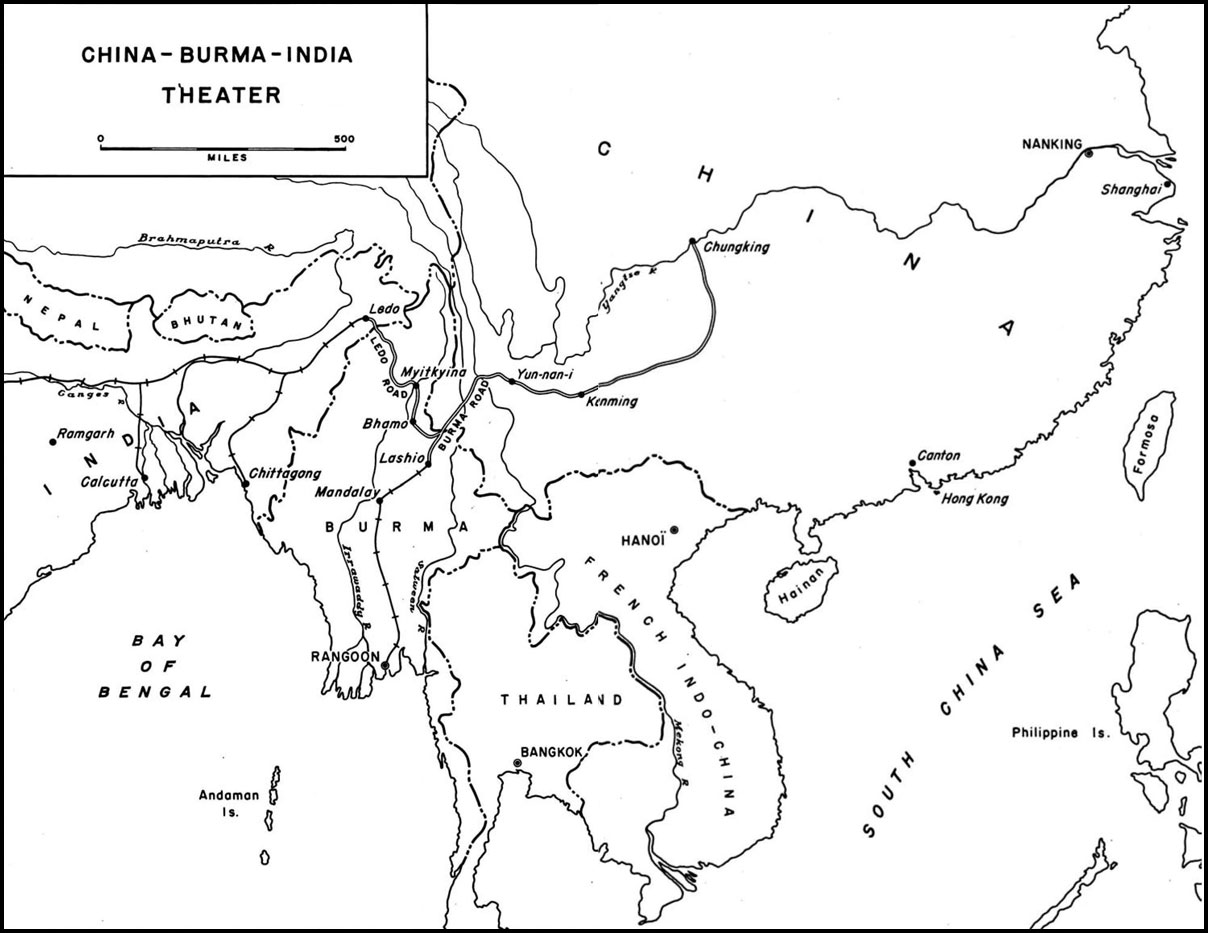 Map of the China-Burma-India Theater highlighting the Burma and Ledo Roads to Chungking
