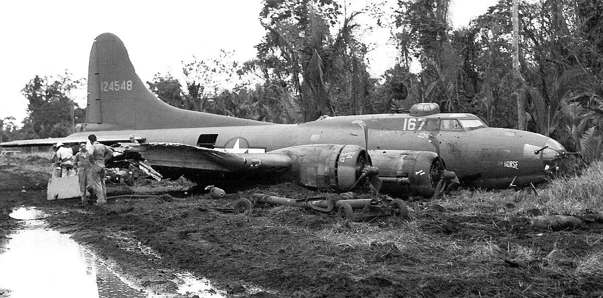 This B-17F Fortress, converted to an armed supply aircraft, had a wheel collapse during an emergency landing at Tadji Field, New Guinea and slid into the bomb dump, May 5, 1944