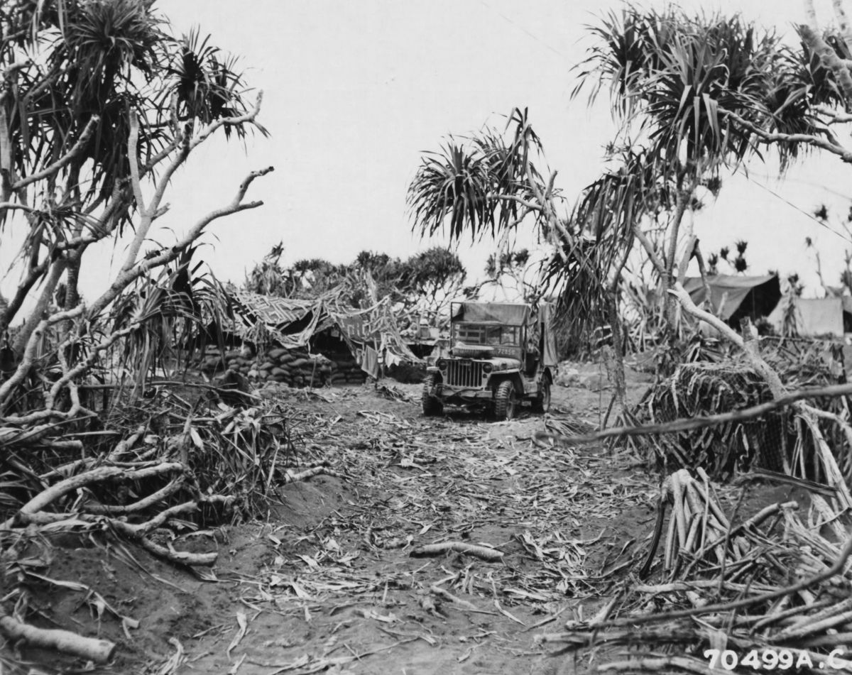 A US Marine forward base nestled into the few pieces of foliage left on the island, Iwo Jima, Mar 10, 1945