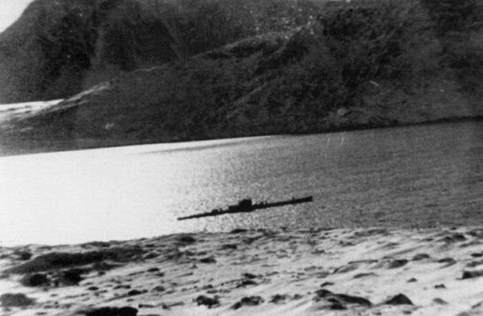 Type IXC/40 submarine U-537 at anchor in Martin Bay, Labrador, Dominion of Newfoundland (now Canada) on 22 Oct 1943. The photo is taken from the site of Weather Station Kurt on the Hutton Peninsula.