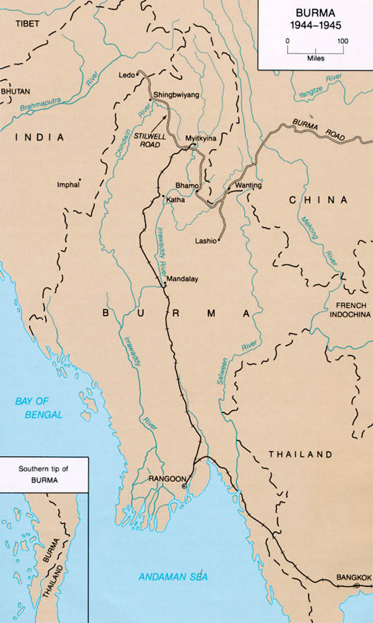 Map of Burma in 1944-45 showing lines of supply by rail and by road. Note the Burma Road and the Ledo Road labeled as the Stillwell Road.