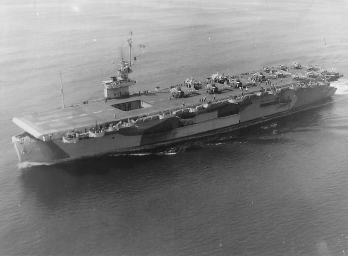 Escort Carrier USS Guadalcanal departing Norfolk, Virginia, United States to lead an anti-submarine hunter-killer group in the Atlantic, Capt Daniel V Gallery commanding. 15 May 1944