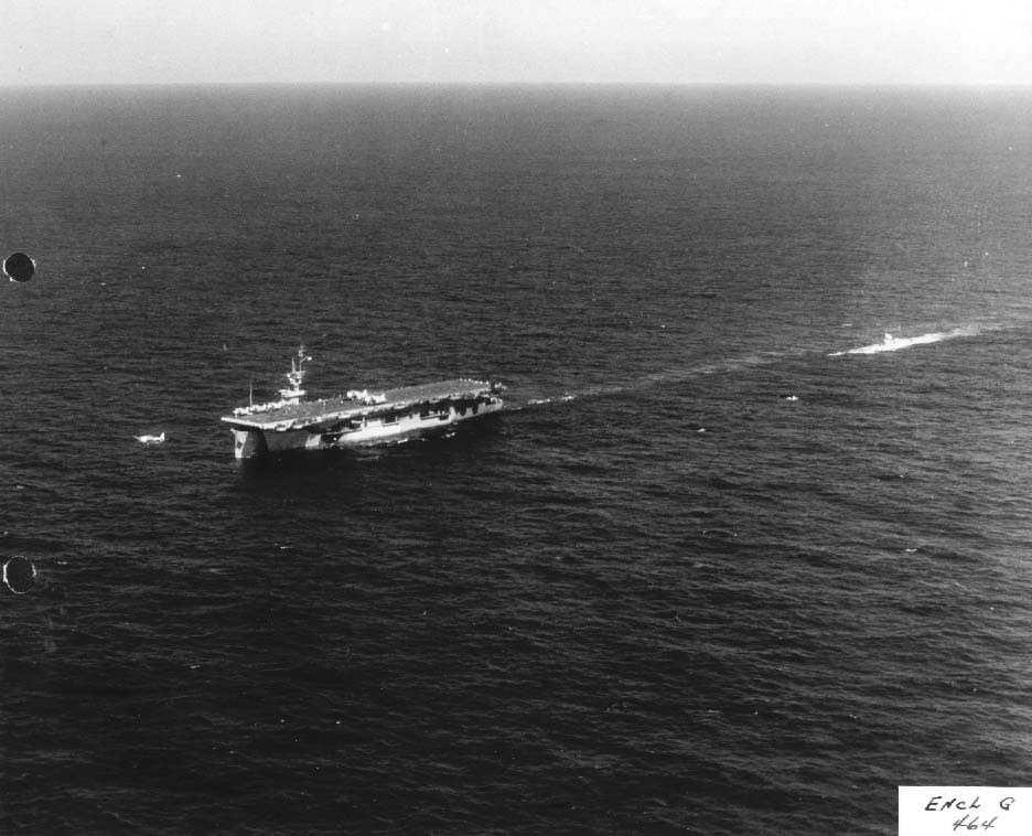 Air operations continue aboard USS Guadalcanal as the ship tows the captured German Type IXC submarine U-505 across the Atlantic, 17 Jun 1944.