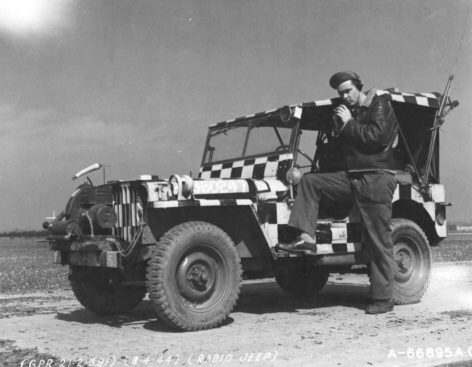 Conspicuously marked Radio Jeep of the 391st Bomb Group at RAF Matching, England, United Kingdom, 4 Aug 1944.