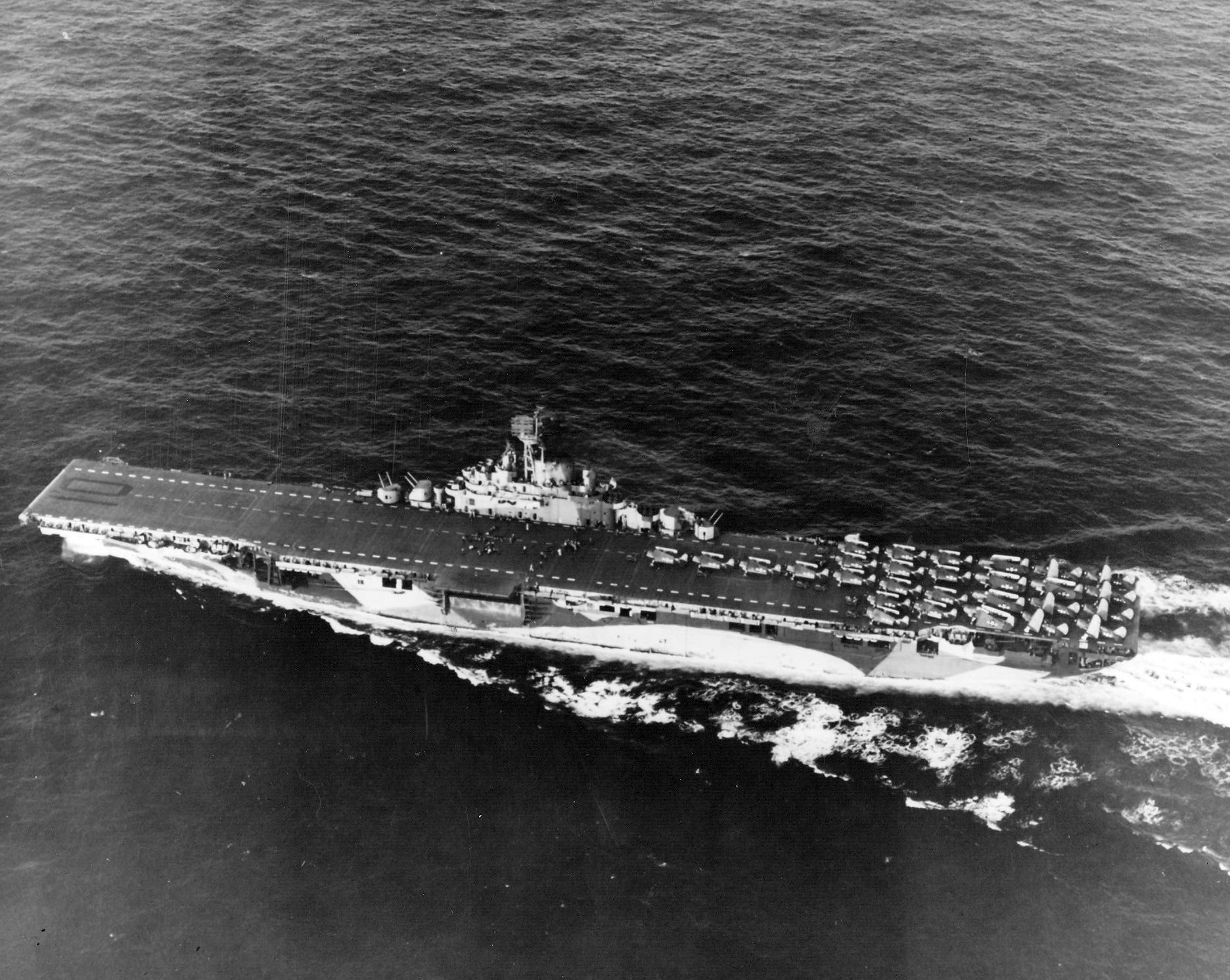 USS Yorktown (Essex-class) under way east of Guam during the Mariana Islands Campaign, 17 Jul 1944.