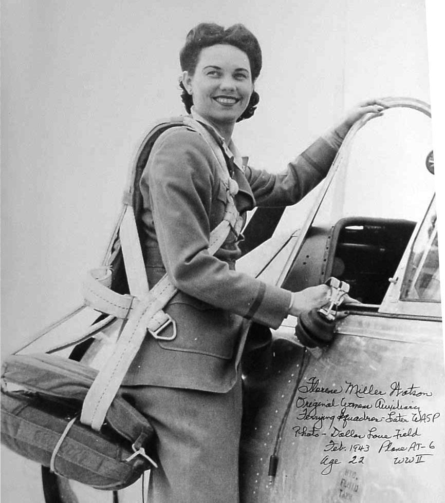 Autographed copy of a posed photo of WAFS pilot Florene Watson with an AT-6 Texan, Love Field, Dallas, Texas, United States, Feb 1943