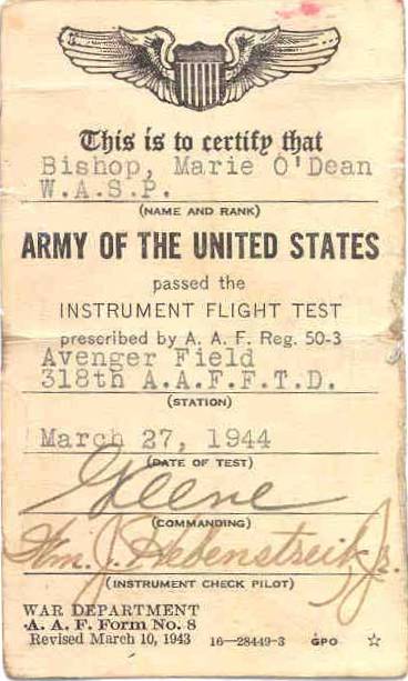 Instrument Certification card issued Marie O’Dean “Deanie” Bishop during her WASP training at Avenger Field, Sweetwater, Texas, United States, 27 Mar 1944.