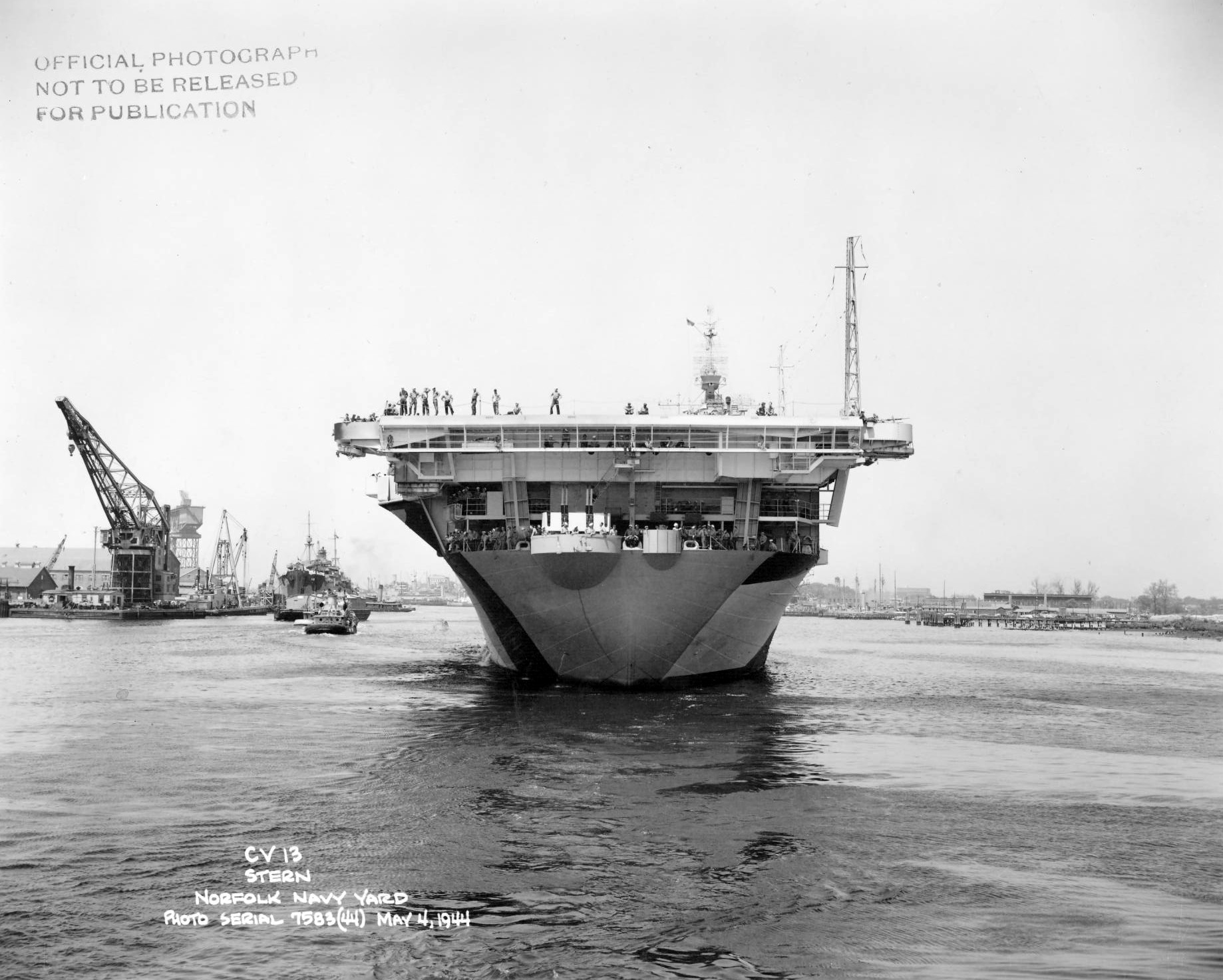 Stern view of the carrier Franklin off Norfolk Navy Yard, Portsmouth, Virginia, United States, 4 May 1944