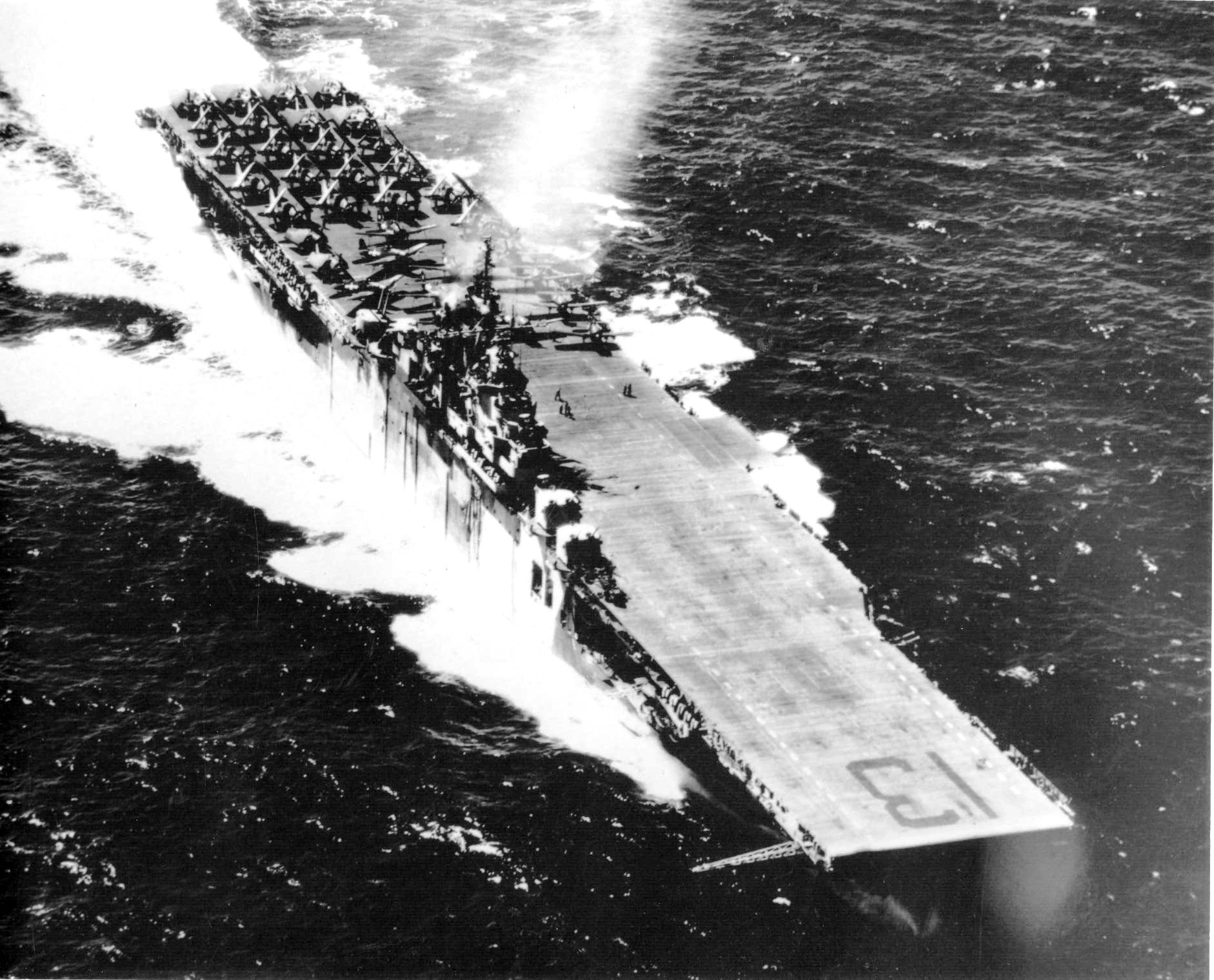 The carrier Franklin underway in the Pacific, 1944.