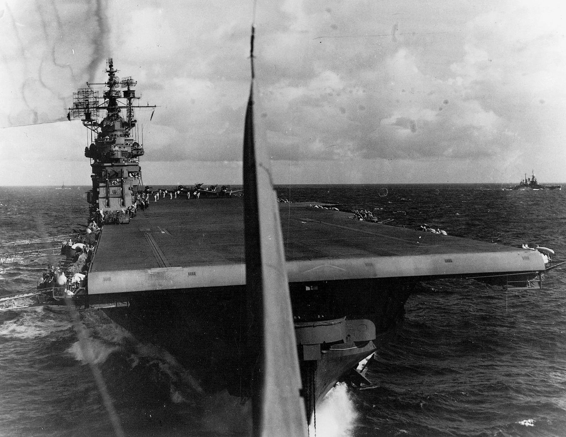 Photo from an SBD Dauntless moments after taking off from the USS Lexington (Essex-class) for strikes against Saipan in the Mariana Islands, 13 Jun 1944