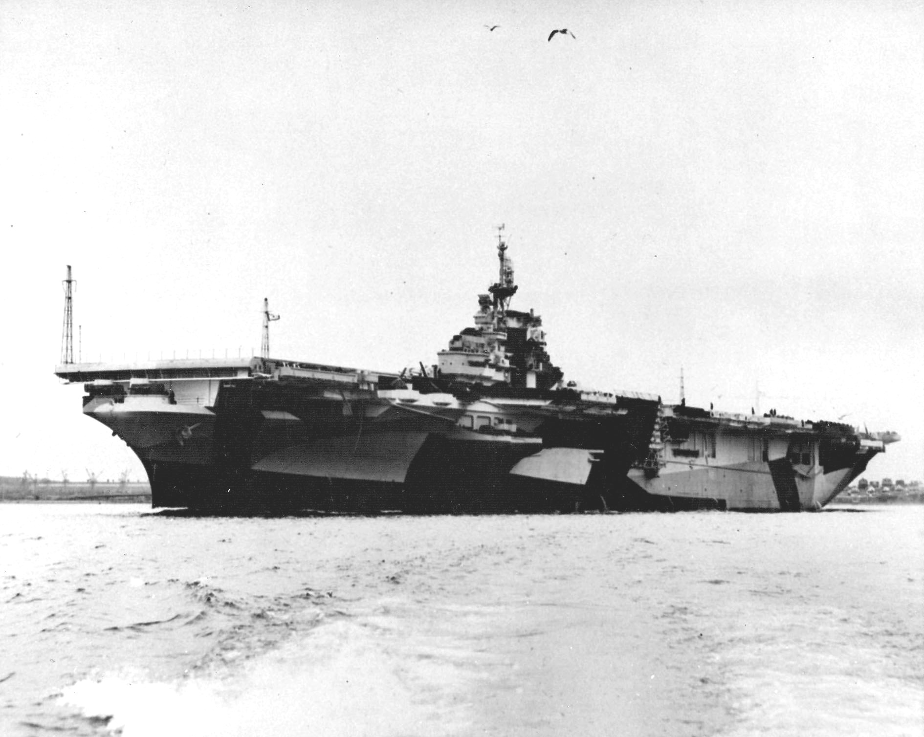 Essex-class Aircraft Carrier Hancock off Quincy, Massachusetts, United States, 14 Apr 1944, the day before her commissioning.