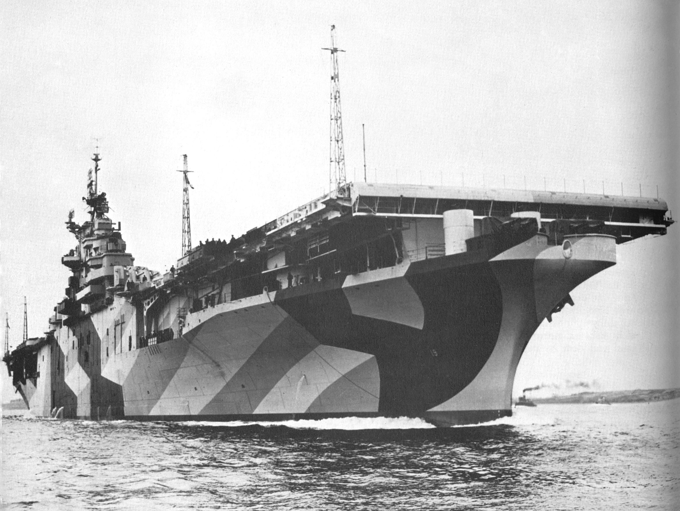 USS Hancock underway across Boston’s outer harbor, Boston, Massachusetts, United States, on her way to anchor at President Roads, 18 May 1944. Photo 1 of 3.