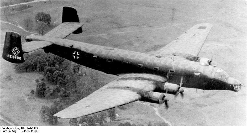 Captured Junkers Ju-290 heavy transport aircraft with German markings but with US tail number FE3400 flying over the United States in late 1945. This plane became a common sight at postwar air shows.