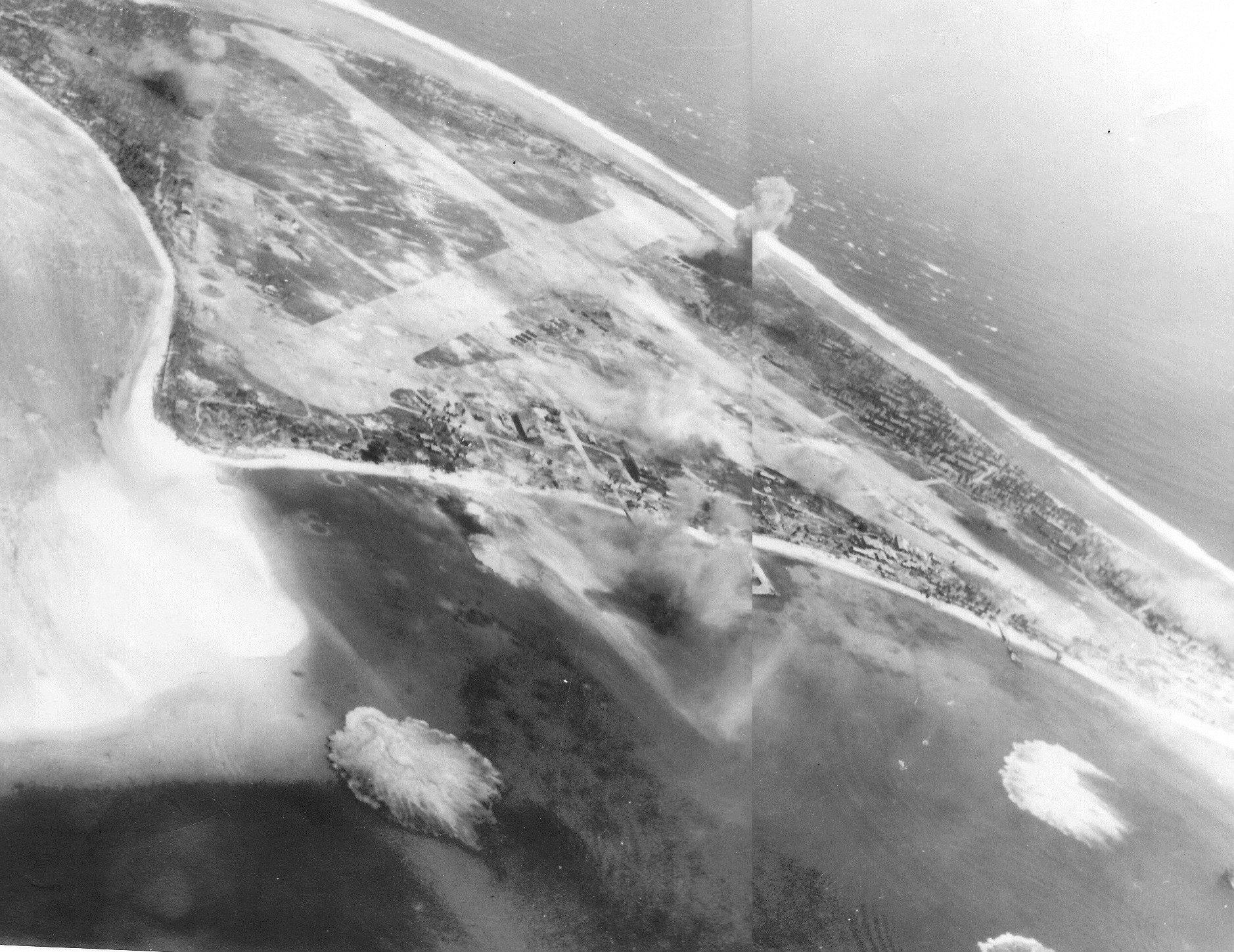 Strike photo stitched together from photos taken by USS Langley aircraft showing severe damage to the runways and the surrounding areas on Taroa Island, Maloelap Atoll, Marshall Islands, 30 Jan 1944.
