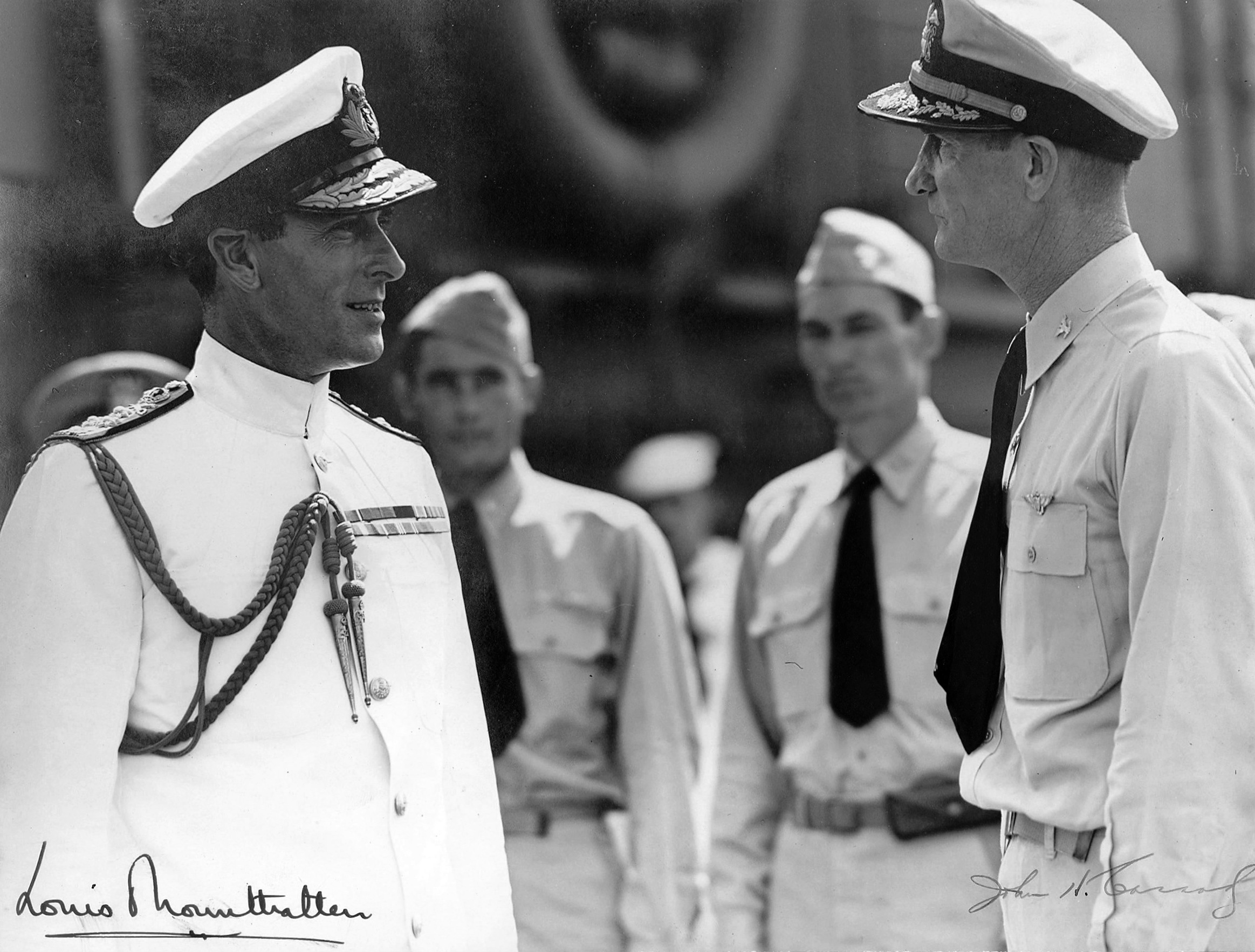 Supreme Allied Commander of the Southeast Asia Command, Admiral Louis Mountbatten being greeted aboard USS Saratoga by Captain John Cassady at Colombo, Ceylon (now Sri Lanka), 30 Apr 1944.