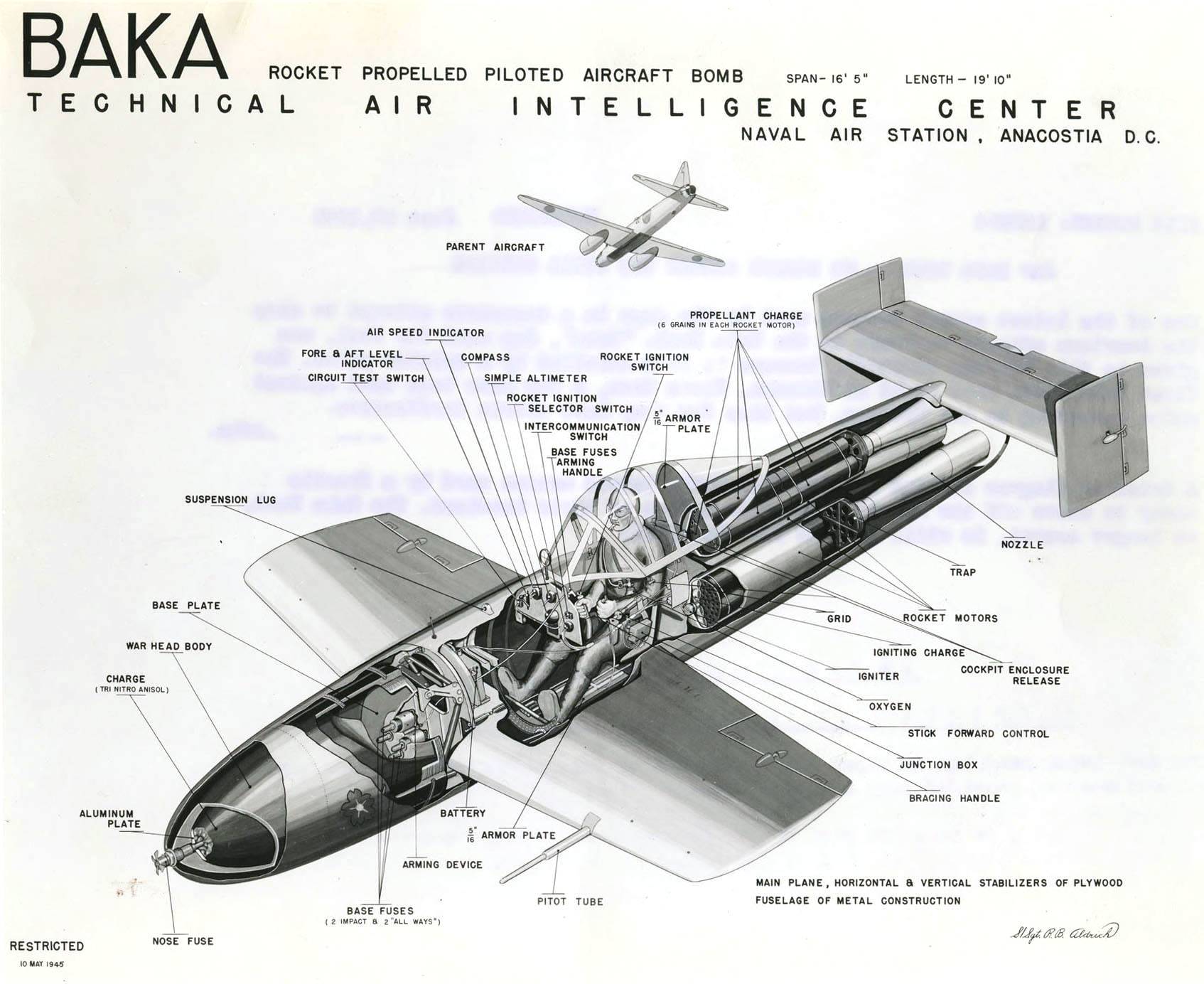 United States intelligence schematic of the Japanese MXY7 Ohka “Baka” bomb published 10 May 1945, just five weeks after the weapon’s discovery on Okinawa.