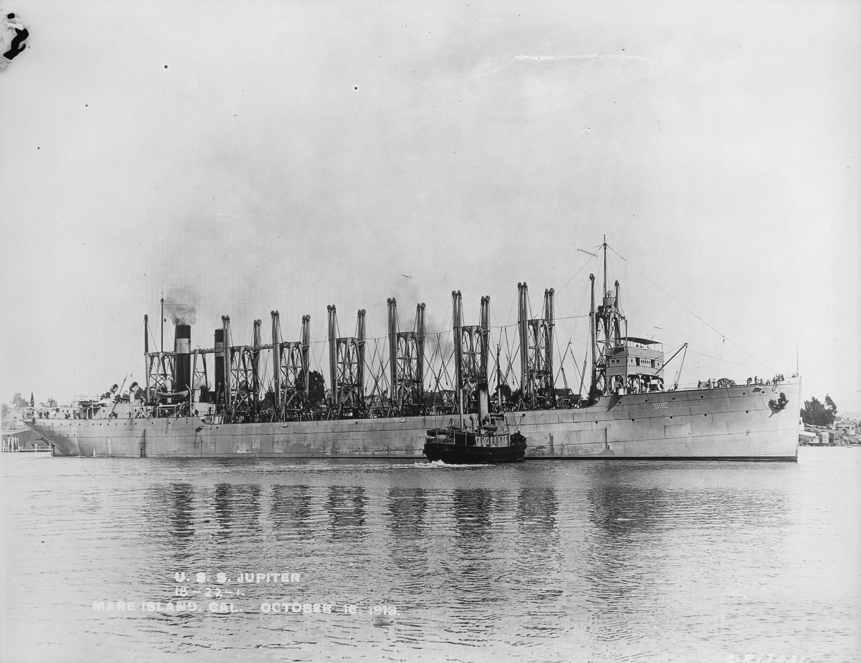 US Navy collier USS Jupiter at Mare Island, California, United States, 16 Oct 1913. In 1922 Jupiter was modified to become the United States’ first aircraft carrier and was renamed USS Langley